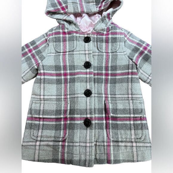 Old Navy Grey and Pink Plaid Pea Coat- 12-18mon - Picture 2 of 11